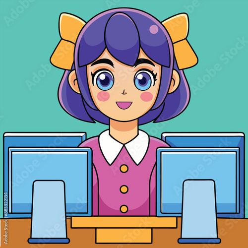 Woman with dual monitors vector, perfect for digital use and printable designs.