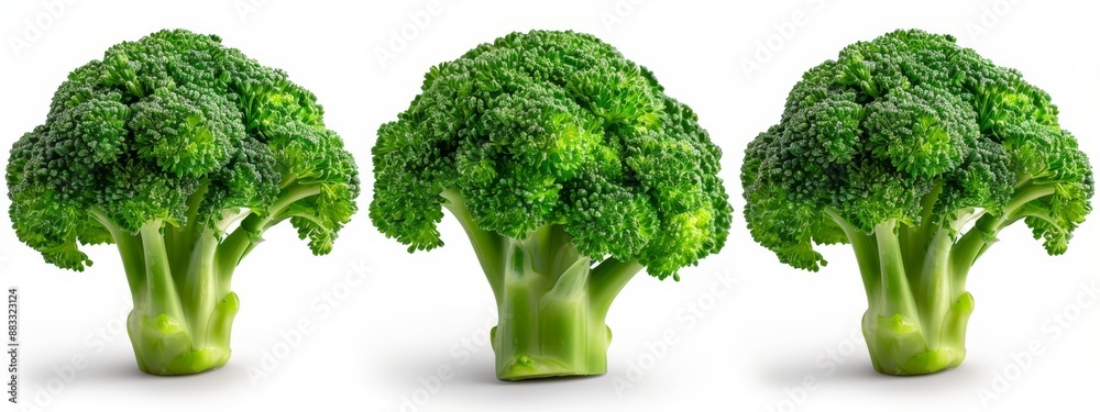 Three broccoli heads arranged as one on a pristine white background Three broccoli heads arranged as one on a pristine white background