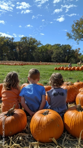 Children enjoying a day at the pumpkin patch, surrounded by vibrant autumn colors