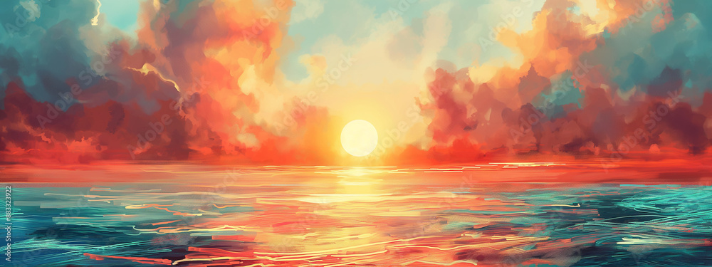 Beautiful watercolor painting of a stunning sunset over a calm ocean with vibrant colors.
Beautiful watercolor painting of a stunning sunset over a calm ocean with vibrant colors.