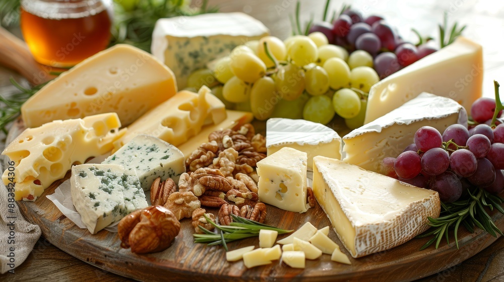 Elegant Gourmet Cheese Platter with Grapes, Nuts, and Honey for Luxurious Gatherings Elegant Gourmet Cheese Platter with Grapes, Nuts, and Honey for Luxurious Gatherings