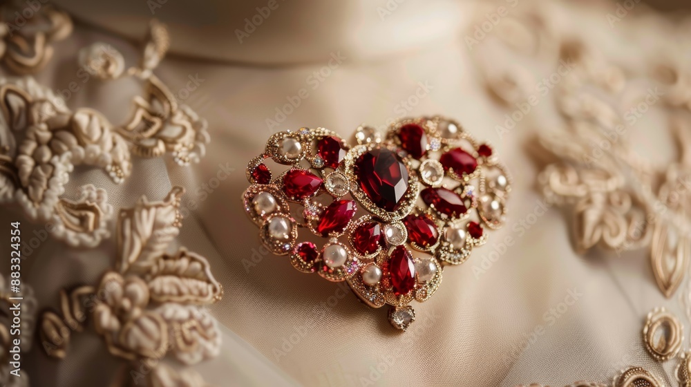 Heart-Shaped Brooch on Elegant Lace Dress Adding a Touch of Charm and Glamour Heart-Shaped Brooch on Elegant Lace Dress Adding a Touch of Charm and Glamour