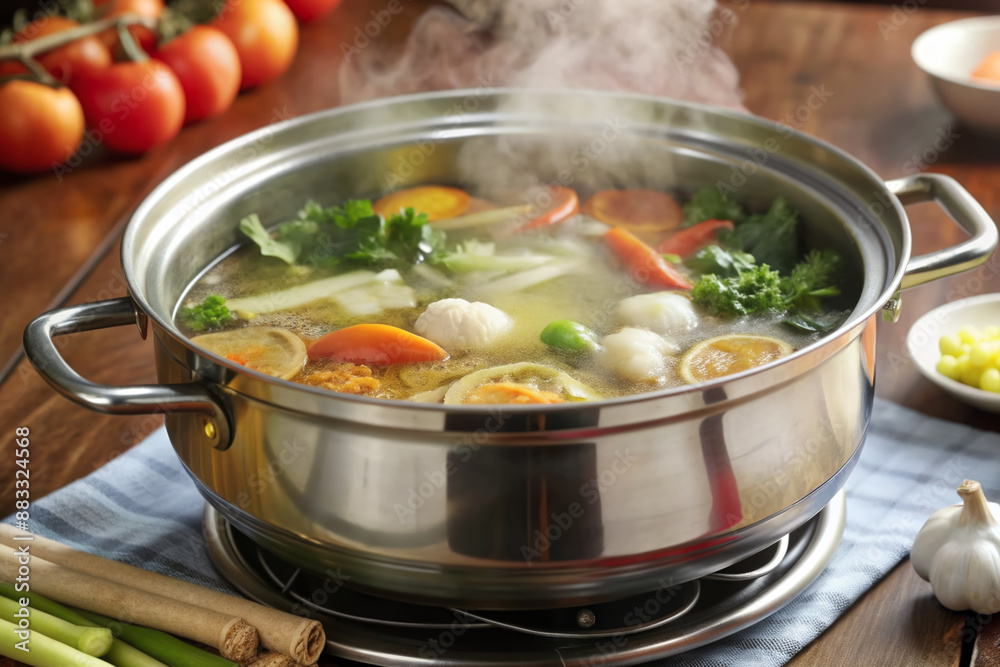 Hot pot of boiling water vigorously releasing steam, essential for cooking various recipes, perfectly capturing the culinary essence of cookware and bakeware.