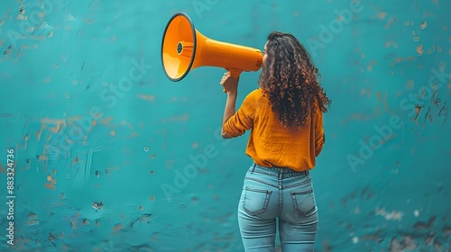 a woman holding a yellow megaphone up to her face.