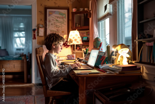 Young boy working on a laptop in a cozy room