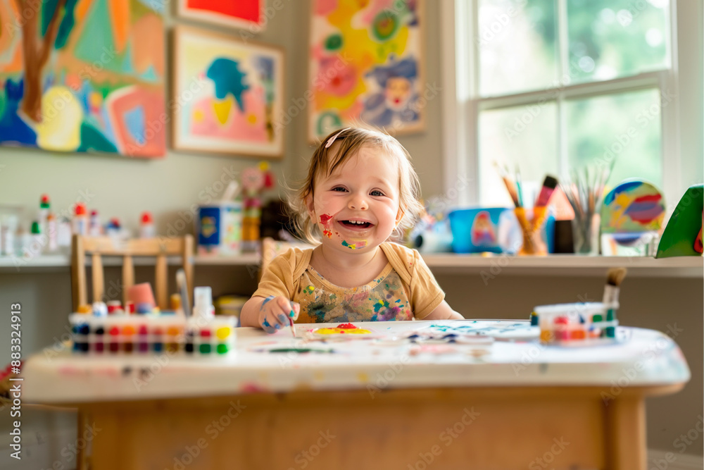 Happy toddler painting in daycare art room Happy toddler painting in daycare art room