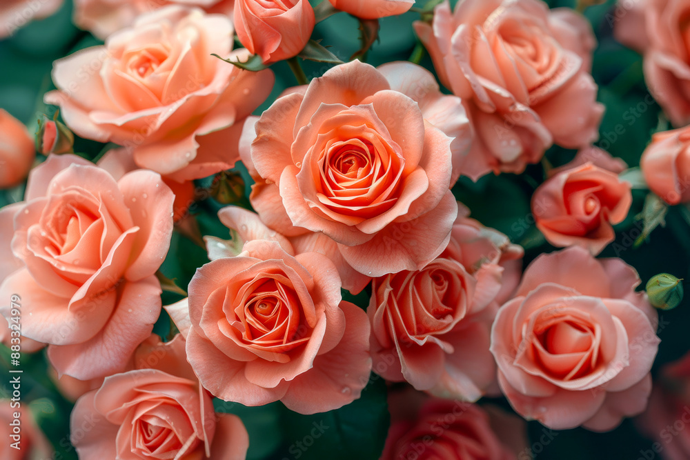 Beautiful Peach Roses in Full Bloom with Dew Drops Serene Garden Floral Beautiful Peach Roses in Full Bloom with Dew Drops Serene Garden Floral
