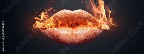  A tight shot of a lip against a black backdrop, engulfed in intense fire erupting from its depths photo