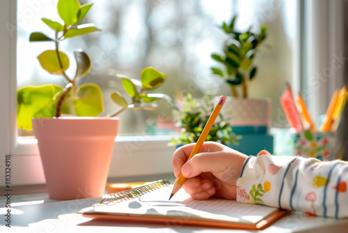 Kid drawing at desk with potted plants
