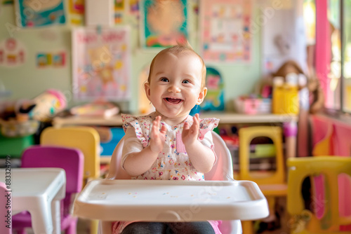 Happy baby clapping hands in daycare