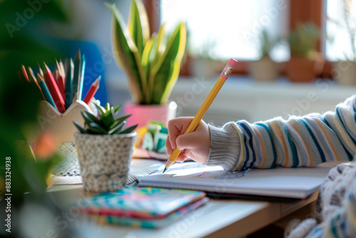 Kid practicing handwriting by window with plants