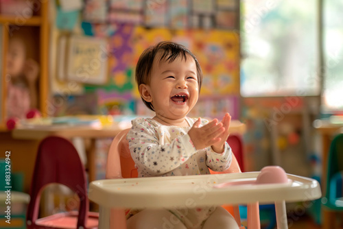 Laughing Asian baby clapping hands in colorful daycare