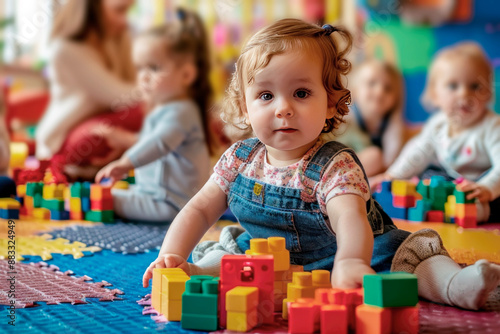 Curious toddler playing with blocks in daycare