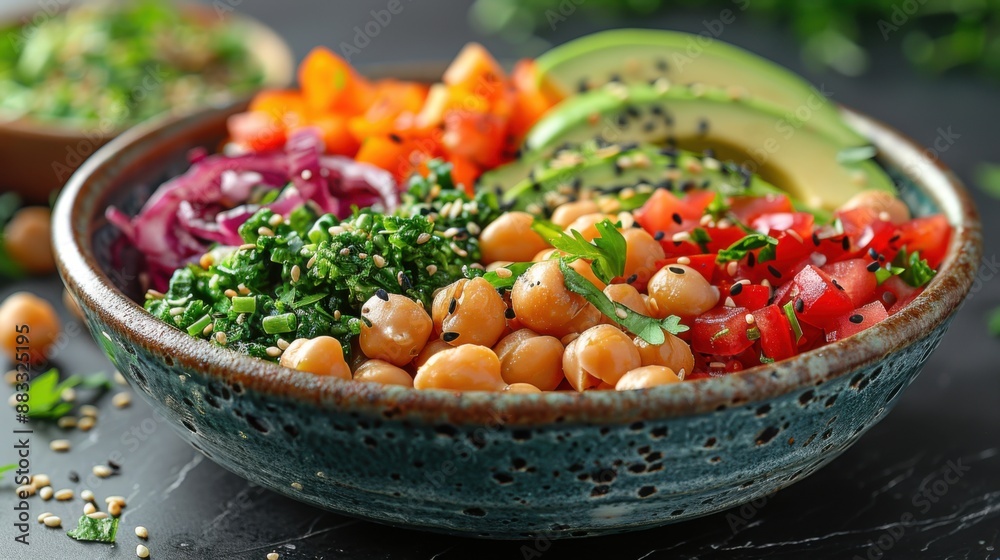 Bowl with a variety of colorful vegetables, avocado, chickpeas, and a tahini dressing Bowl with a variety of colorful vegetables, avocado, chickpeas, and a tahini dressing