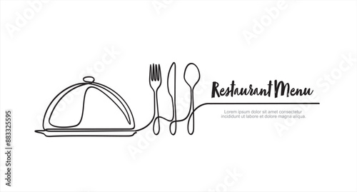 Continuous one single line drawing of fork, knife, spoon and metal cover. Restaurant Menu food design. Illustration with quote template. Can used for menu restaurant sketch	