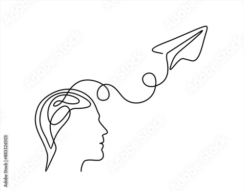 Person with confused feelings in one continuous line drawing. Men head profile who worried about mental health and paper plane in simple linear style. Doodle vector illustration