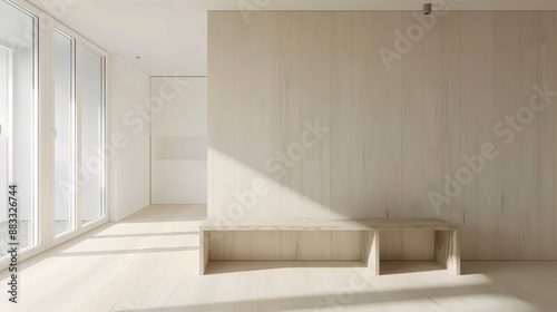 A minimalist room with light wood paneling, large floor-to-ceiling windows, and a simple wooden bench. Sunlight streams in, casting soft shadows on the light wood floor.