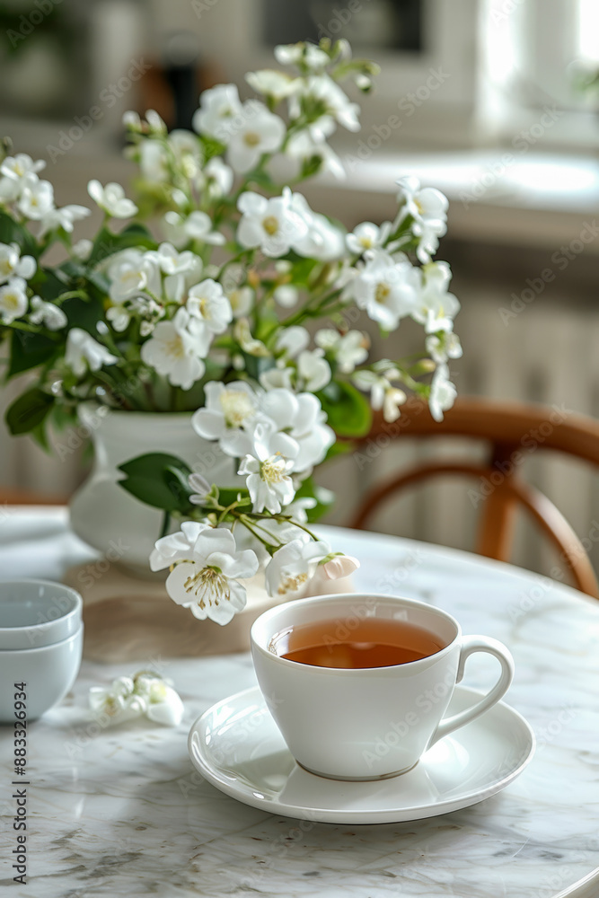 Morning Tea with White Blossoms in Sunlit Cozy Kitchen Morning Tea with White Blossoms in Sunlit Cozy Kitchen
