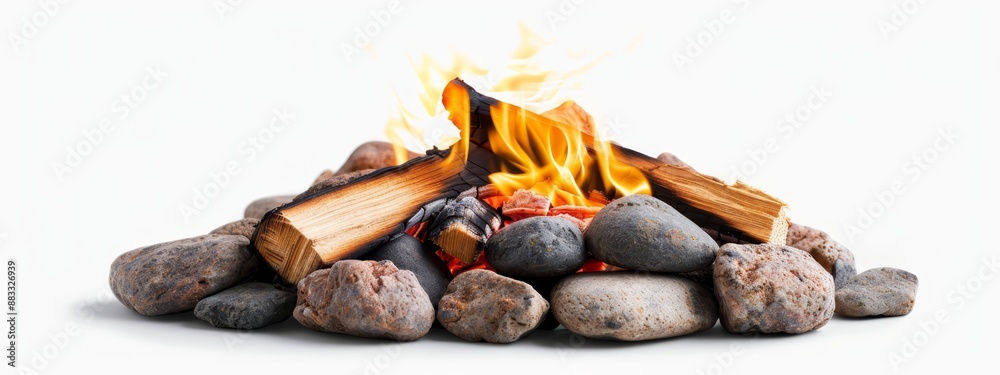 A tight shot of a fire burning within a stack of rocks Flames erupt from the logs' summit A tight shot of a fire burning within a stack of rocks Flames erupt from the logs' summit