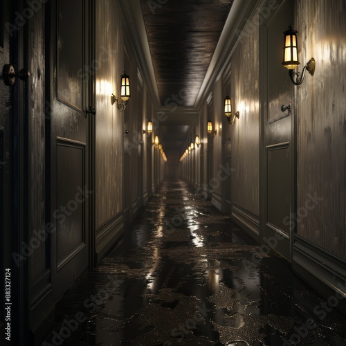 A long hallway with a wet floor and dim lighting