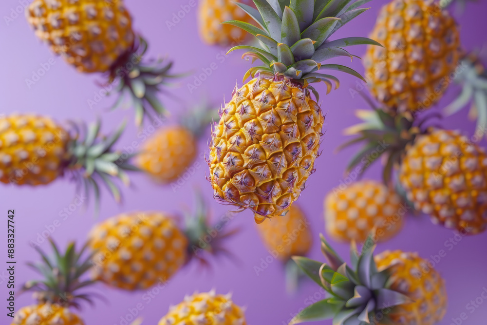 Floating Pineapples on Purple Background Creating a Vibrant Tropical Atmosphere Floating Pineapples on Purple Background Creating a Vibrant Tropical Atmosphere
