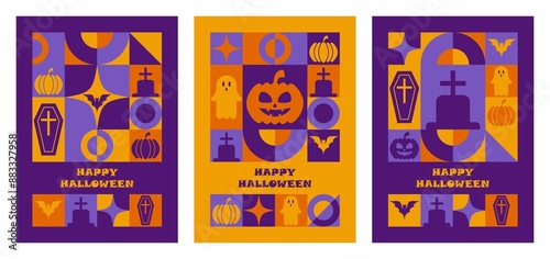 Set of Happy Halloween greeting cards with modern abstract geometric pattern