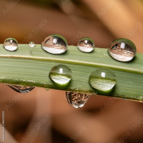 Multiple water drops on a leaf