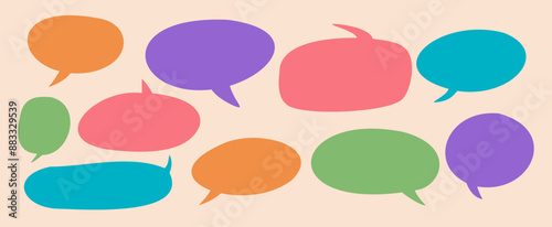 Speech balloons with copy space flat color illustrations set on beige background. Communication with messages in chat vector icons bundle