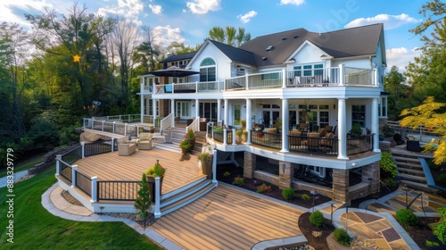 The expansive, multi-tiered deck of a Suburban Colonial home, designed for optimal outdoor living and entertaining