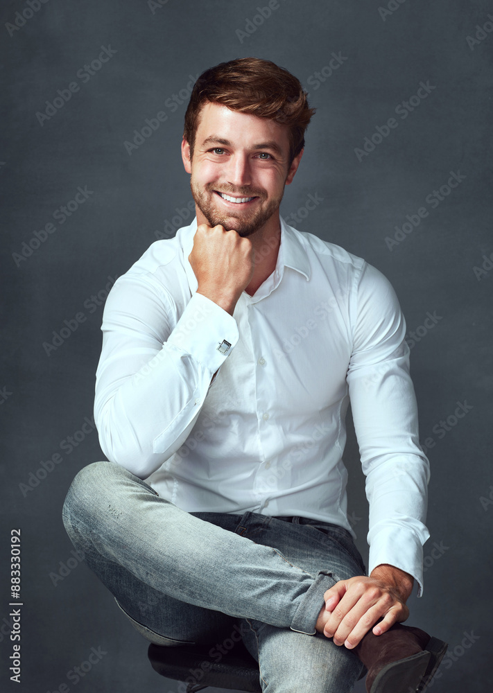 Confident, portrait and man in studio, ambition and smile of lawyer, intern and ready for working. Grey background, employee and happy for law firm, professional and part time of attorney and person Confident, portrait and man in studio, ambition and smile of lawyer, intern and ready for working. Grey background, employee and happy for law firm, professional and part time of attorney and person