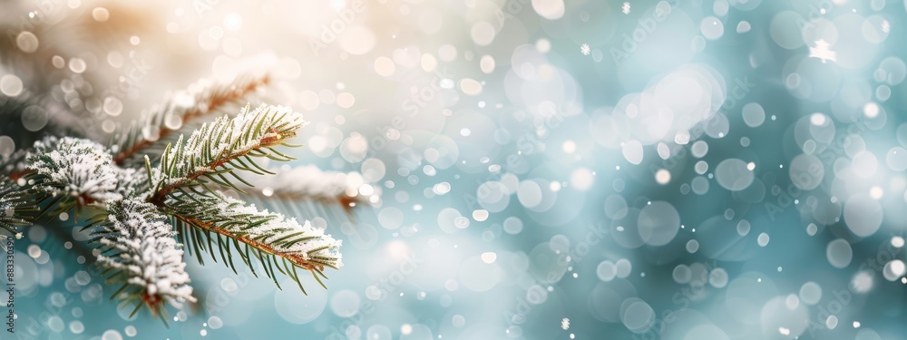 A tight shot of a pine tree branch laden with snow, surrounded by a haze of falling snowflakes in the background A tight shot of a pine tree branch laden with snow, surrounded by a haze of falling snowflakes in the background