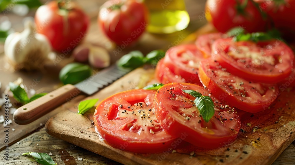 Sliced Fresh Tomatoes on Wooden Board Sliced Fresh Tomatoes on Wooden Board