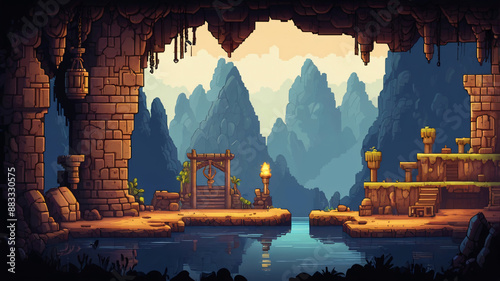 dungeon, underground arcade video game, catacomb, dark scene, alien ship interior, pixel art