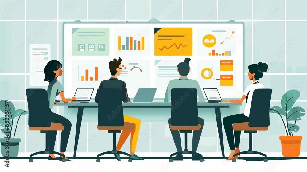 Obraz premium Project-focused cross-functional teams in minimalist environment, large whiteboard, professional attire, goal-oriented discussion, efficient problem-solving, teamwork excellence