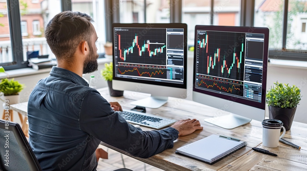 A male trader at work on a computer with a multi-monitor workstation with various charts and digital data. Operational data analysis. Design for banner, flyer, poster, cover or brochure. A male trader at work on a computer with a multi-monitor workstation with various charts and digital data. Operational data analysis. Design for banner, flyer, poster, cover or brochure.