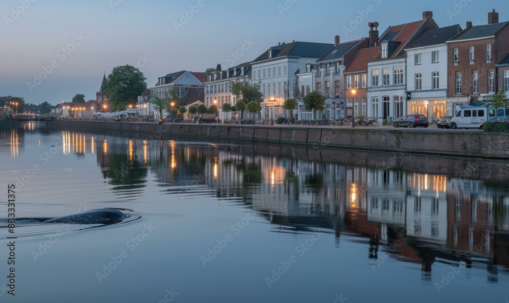 Obraz premium A whale swims in a canal in the Netherlands. AI.