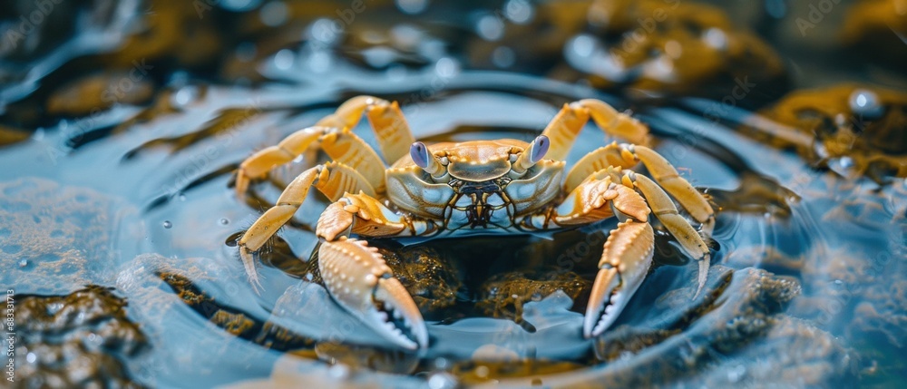 A closeup of a crab sitting on a rock in the shallow water. AI. A closeup of a crab sitting on a rock in the shallow water. AI.