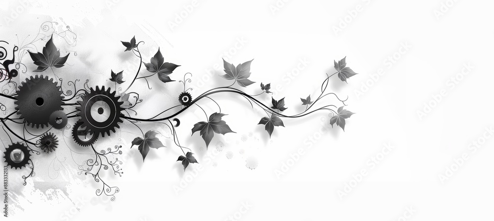 Fototapeta premium Abstract Monochrome Illustration of Intertwined Gears and Vines Symbolizing Nature and Technology Integration