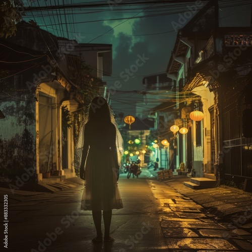 A woman walks down a dark alleyway at night © PuiZera
