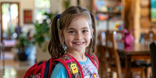 Little girl smiling with a backpack on. AI.