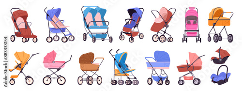 Baby strollers. Newborn children pushchairs, carriages and car seats, kids safety transports for outdoor walking flat vector illustrations set. Cartoon babies wheeled pramsuit collection