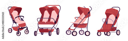 Cartoon baby strollers. Kids safety transports for outdoor walking, baby toddlers pushchairs and carriages flat vector illustration set. Baby wheeled strollers
