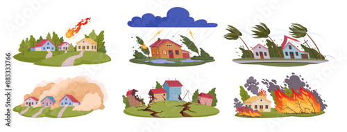 Cartoon natural disasters. Damage catastrophe cataclysms, earthquake, hurricane and forest fire flat vector illustration set. Earth damage disaster collection