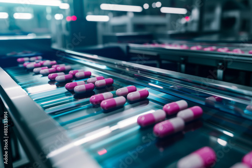 Pharmaceutical Production Pink and White Capsules Moving on a Blue Conveyor Belt in a Modern Factory