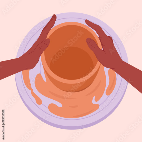 Cartoon potter hands. Ceramic studio potter modeling clay vase, artist work with potter's wheel flat vector illustration. Handmade clay crockery