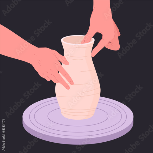 Handmade crockery. Potter hands modeling clay vase, artist work with potters wheel flat vector illustration. Cartoon clay crockery