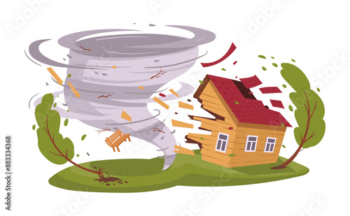 Hurricane natural disaster. Cartoon tornado, twisted storm catastrophe, suburban house damage flat vector illustration. Whirlwind cataclysm on white