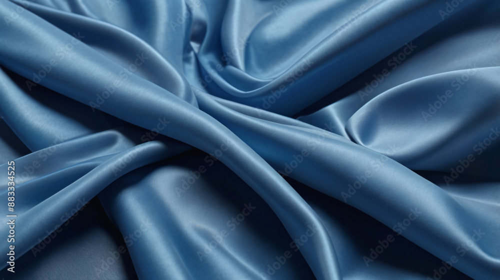 Fototapeta premium Chambray blue abstract background. Silk satin. Curtain, drapery. Shiny fabric. Wavy soft pleats. 