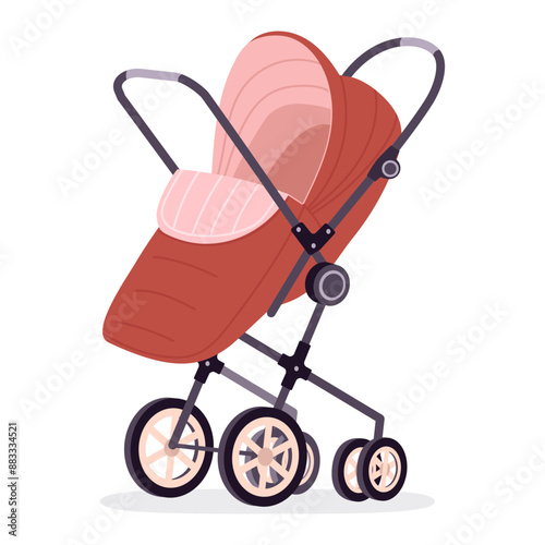 Kids safety transport. Newborn baby stroller for outdoor walking, toddlers pushchair isolated flat vector illustration. Cartoon baby wheeled stroller on white