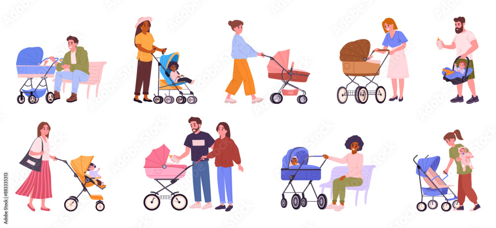 Parents with baby strollers. Mothers and fathers with baby pushchairs and carriages, moms and dads walking with children in wheeling strollers flat vector illustration set. Parenting scenes